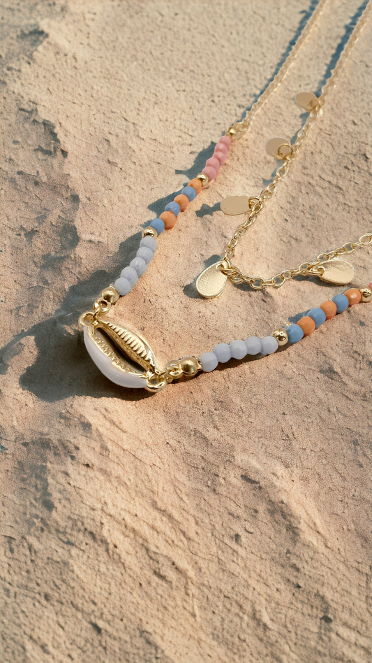 Océane | Collier double couche en acier inoxydable et collier coquillage naturel