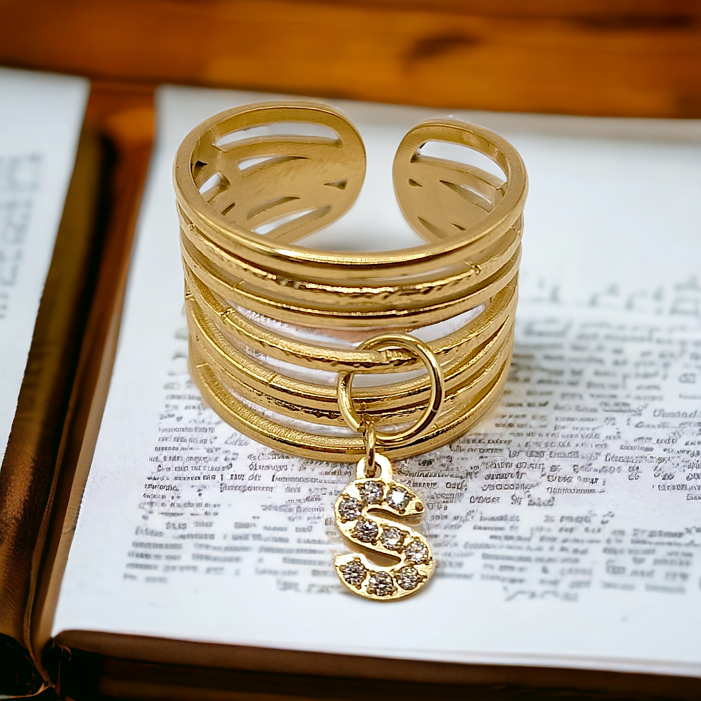 Cléopâtre | Bague personnalisée en acier inoxydable et zircons (lettre 14K plaqué or véritable)