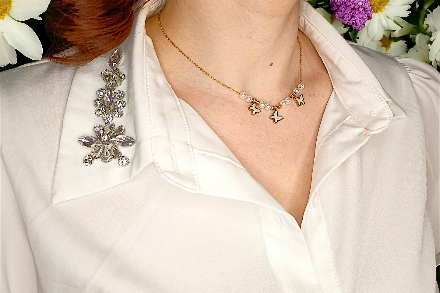 Sixtine | Collier avec pearl en acier inoxydable avec breloques papillon