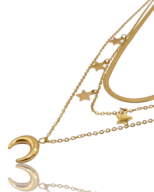 Louna | Collier multirangs en acier inoxydable avec breloques lune
