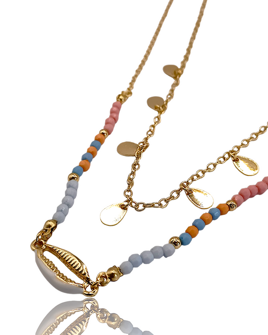 Océane | Collier double couche en acier inoxydable et collier coquillage naturel