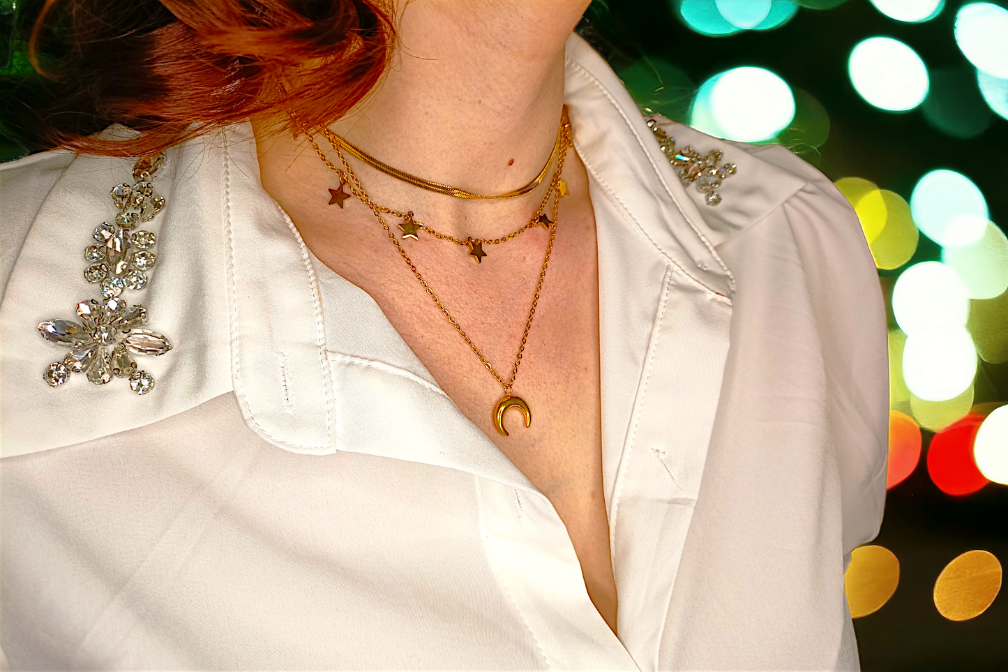 Louna | Collier multirangs en acier inoxydable avec breloques lune