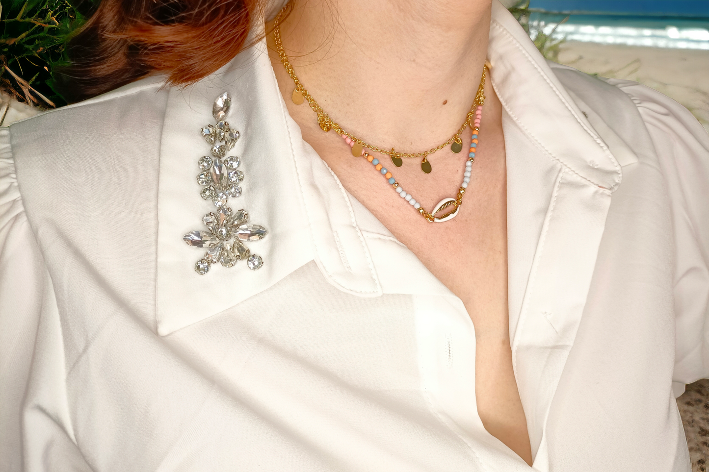 Océane | Collier double couche en acier inoxydable et collier coquillage naturel